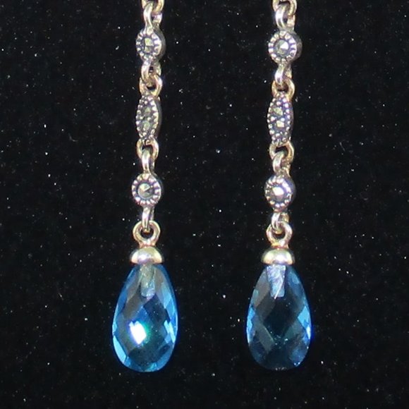 Blue Crystal & Marcasite Dangle Earrings - Picture 6 of 14